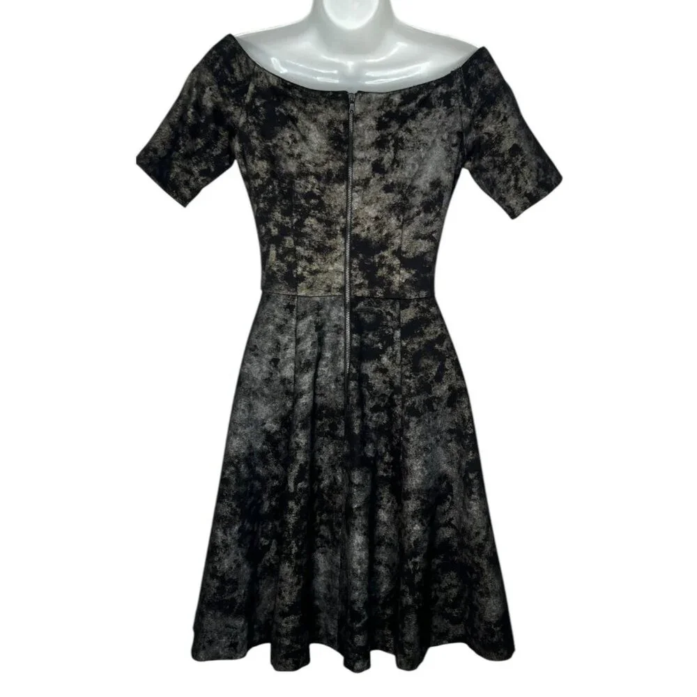 Hunter Bell Metallic Marble Mini Skater Dress Black Silver Gold XS
